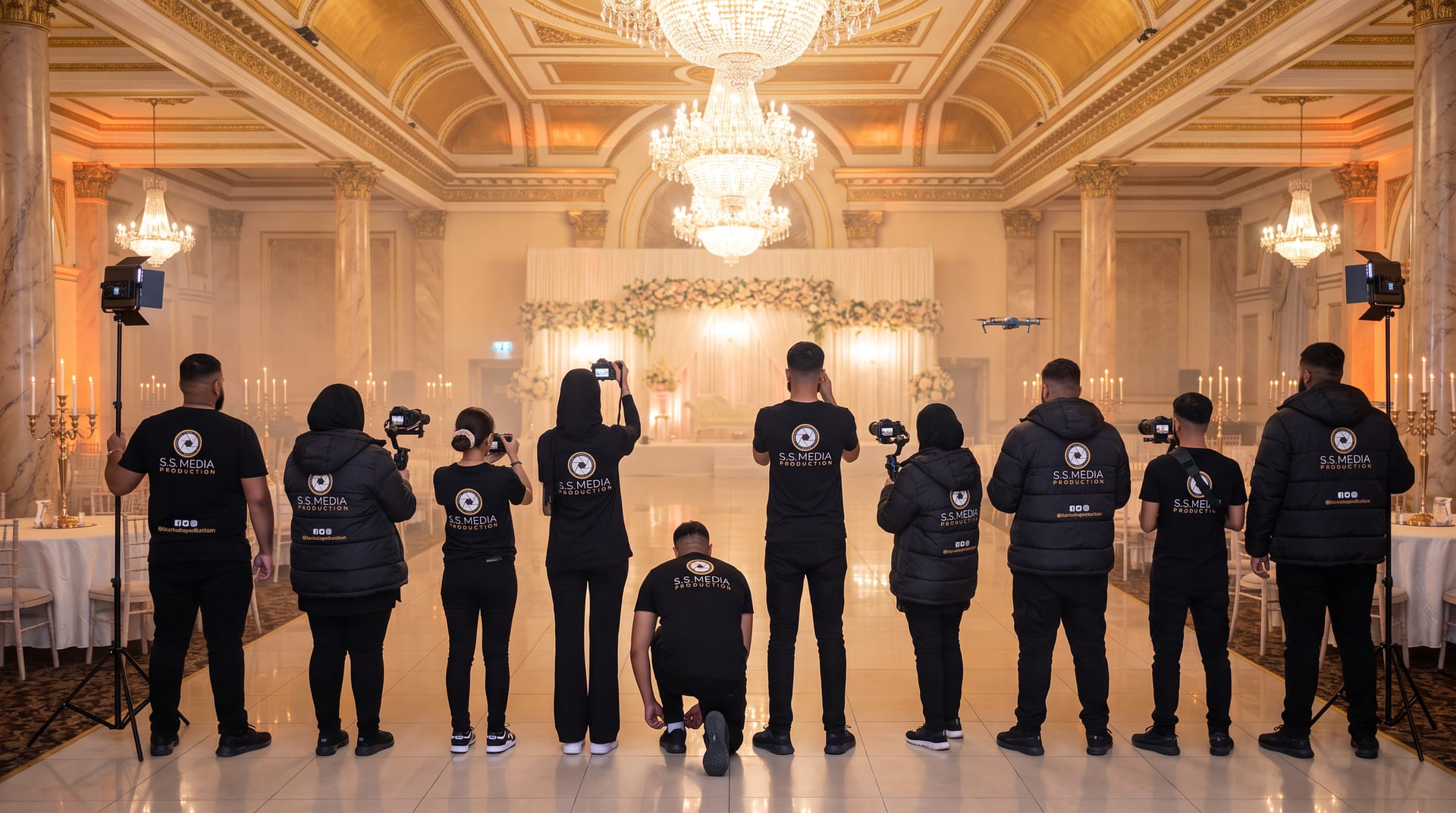 The S.S Media Production team from behind in a grand chandeliered wedding hall, ten team members in black uniform T-shirts and jackets with the gold aperture logo, holding cameras, gimbals and light stands, a drone in the air, one kneeling to tie a shoelace.