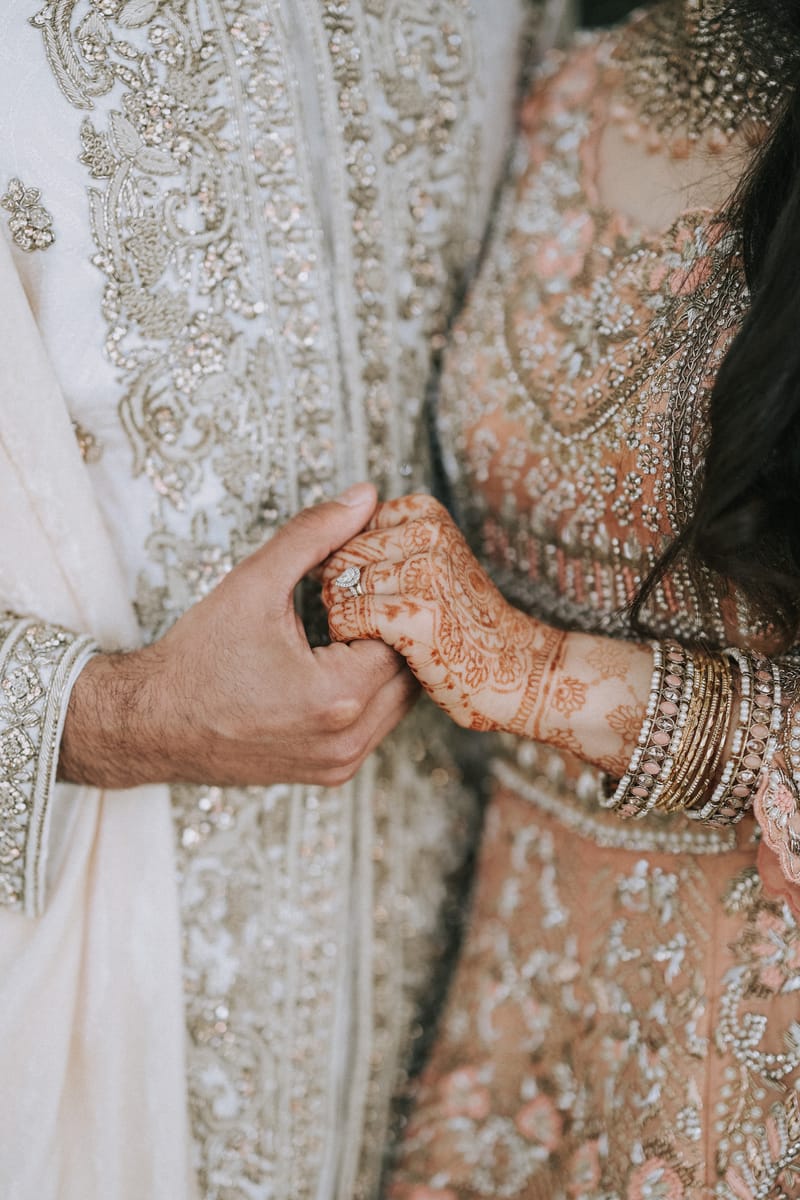 Close-up of the groom holding the bride's Mehndi hand, her bangles against her embroidered outfit