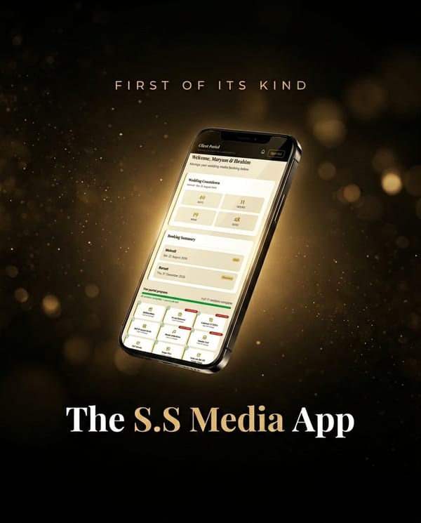 The S.S Media App on a phone, glowing gold: a couple's portal home screen with their wedding countdown, booking summary and progress cards. First of its kind.